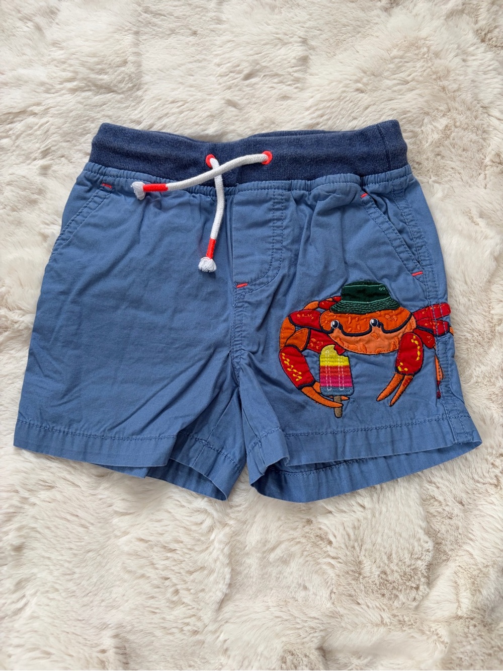 Mini Boden Navy and Light Blue Kids Shorts with Red Crab
